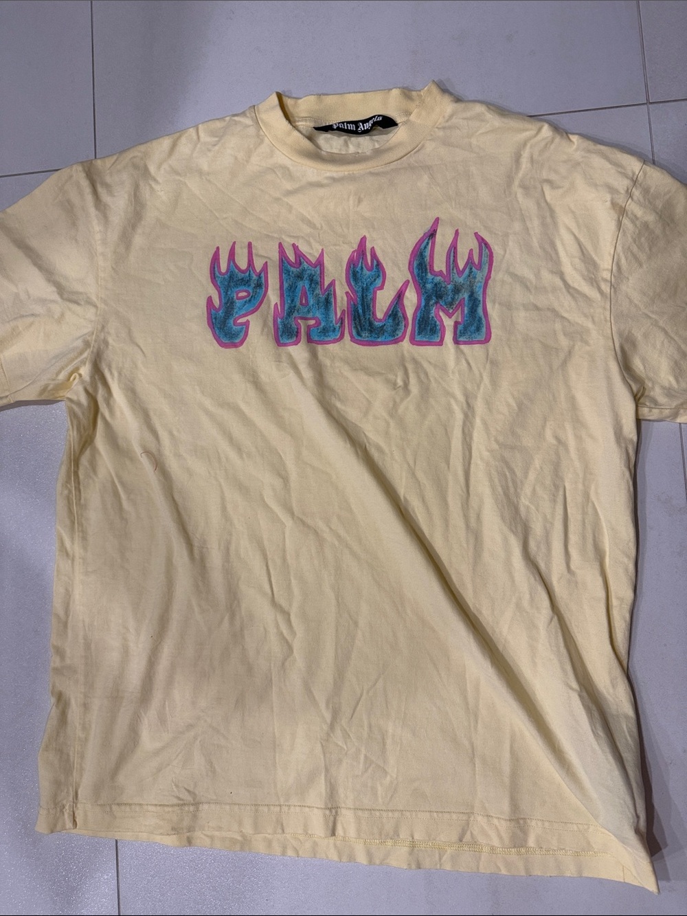 Palm Angels Yellow Tee with Blue and Pink Flame Logo
